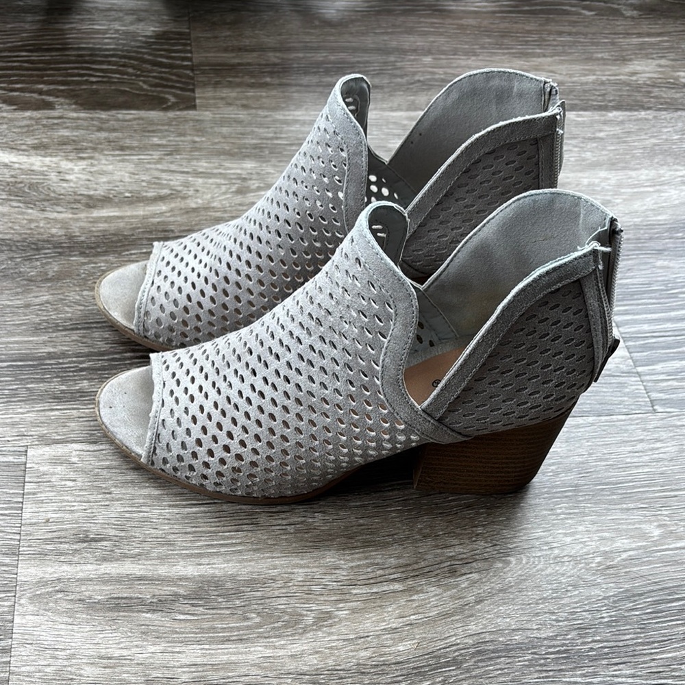 Qupid Gray and Brown Heeled Booties with Open Toe
